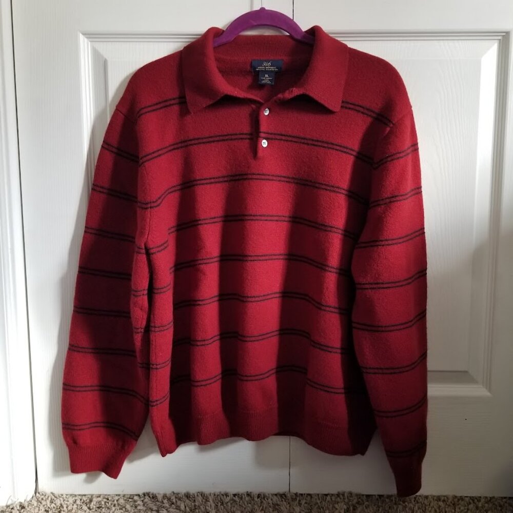 Brooks Brothers Men's Sweater XXL Red Black Stripe Collared 100% Merino Wool